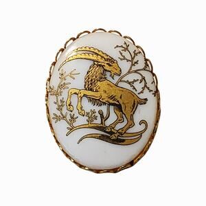 2FOR$30 - Vintage Large White & Gold Ram Brooch